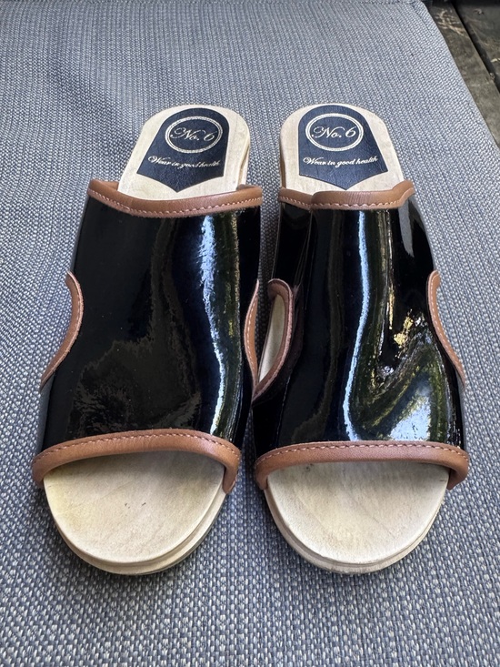 No. 6 Shoes - No. 6 Black Patent Slide Mules with Brown Trim